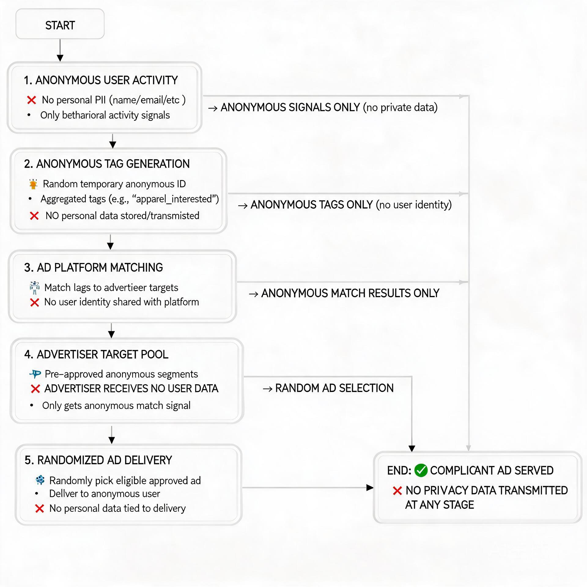 Flowchart illustrating compliant randomized ad del