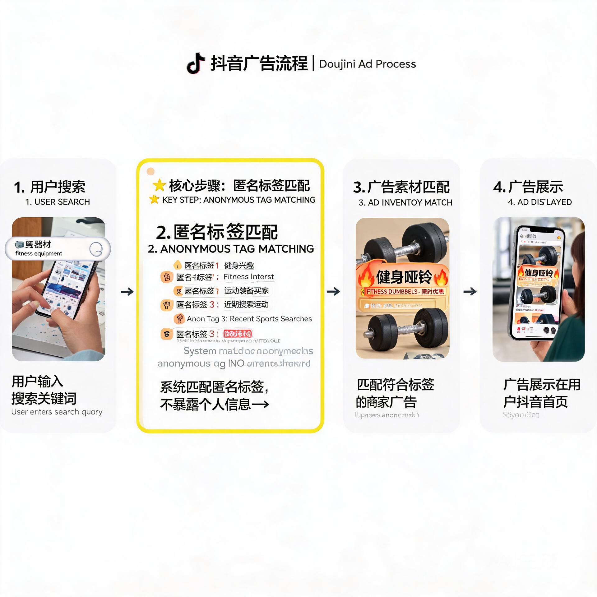 Infographic showing user search behavior to ad dis