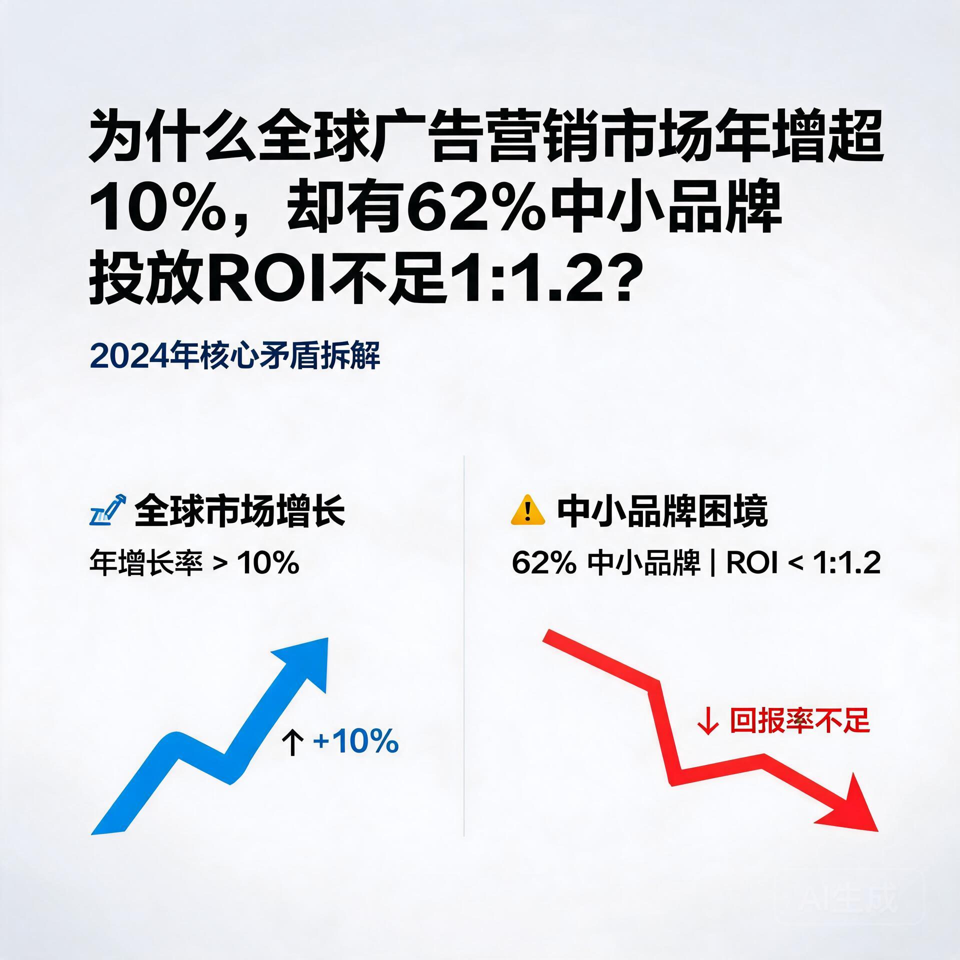 为什么全球广告营销市场年增超10%,却有62%中小品牌投放ROI不足1:1.2?2024年核心矛盾拆解