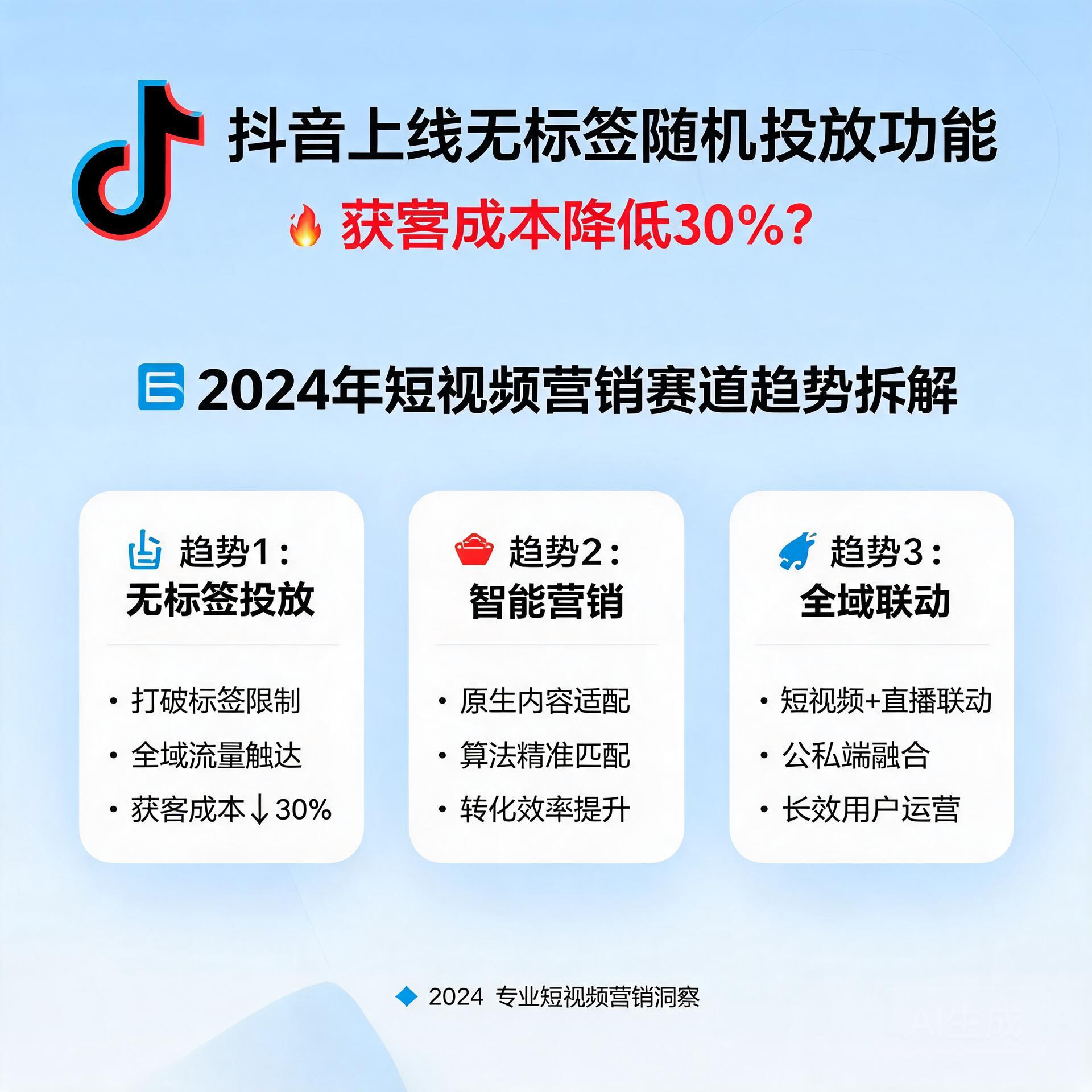 抖音上线无标签随机投放功能能降低30%获客成本？2024年短视频营销赛道趋势拆解
